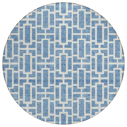 8' Denim Blue And Ivory Round Geometric Washable Indoor Outdoor Area Rug