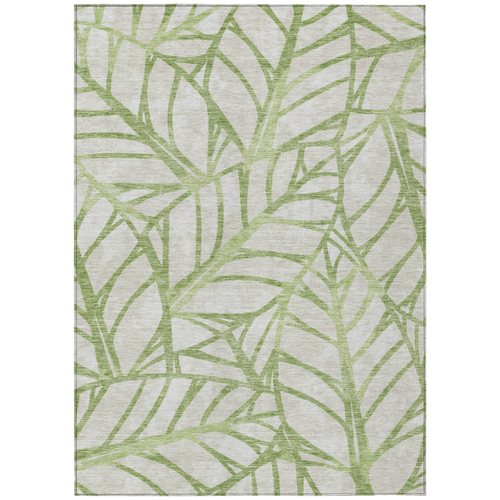 9' X 12' Artichoke Green And Beige Floral Washable Indoor Outdoor Area Rug