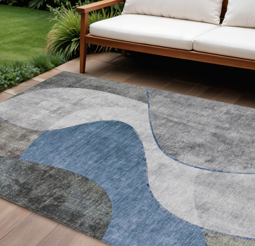 8' X 10' Denim Blue And Sky Blue Abstract Washable Indoor Outdoor Area Rug