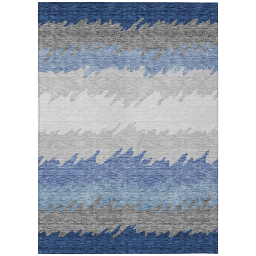 9' X 12' Navy Blue Gray And Silver Striped Washable Indoor Outdoor Area Rug