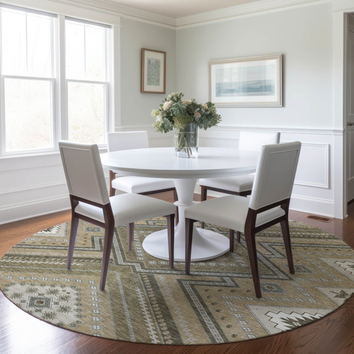 8' Beige Gray And Ivory Round Tribal Washable Indoor Outdoor Area Rug