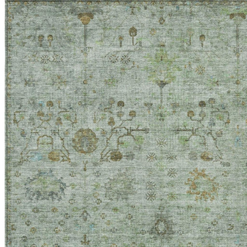10' X 14' Artichoke Green And Gray Floral Washable Indoor Outdoor Area Rug - Artichoke Green, Gray