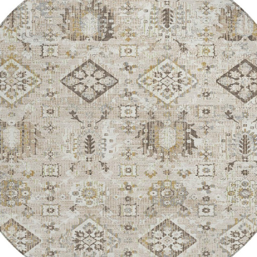 8' Linen And Ivory Round Floral Medallion Washable Indoor Outdoor Area Rug
