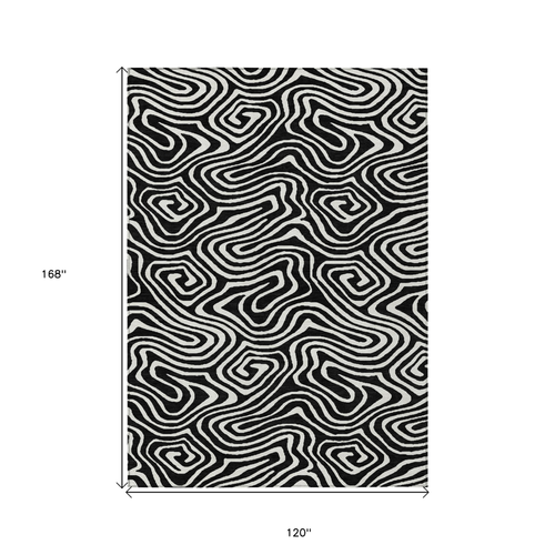 10' X 14' Black And Ivory Abstract Washable Indoor Outdoor Area Rug