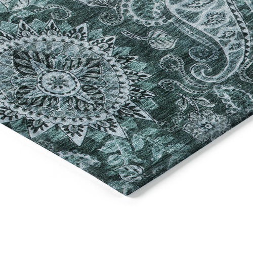 8' Teal Blue And Dark Green Round Floral Medallion Washable Indoor Outdoor Area Rug