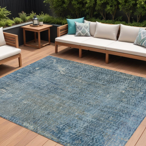 10' X 14' Blue And Ivory Abstract Washable Indoor Outdoor Area Rug - Blue, Ivory
