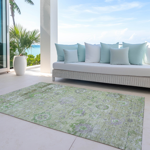 10' X 14' Mint Green And Gray Floral Washable Indoor Outdoor Area Rug