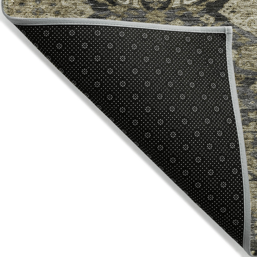 8' Charcoal And Beige Round Damask Washable Indoor Outdoor Area Rug