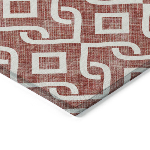8' Burgundy And Ivory Round Geometric Washable Indoor Outdoor Area Rug