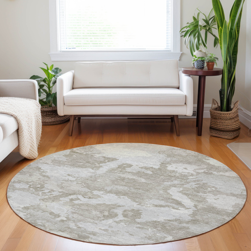 8' Taupe And Brown Round Abstract Washable Indoor Outdoor Area Rug