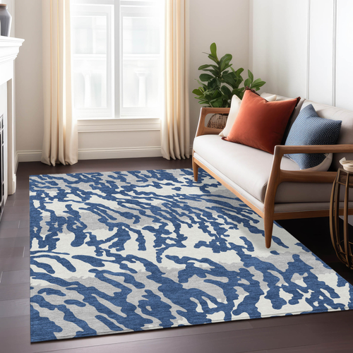 9' X 12' Navy Blue Gray And Ivory Animal Print Washable Indoor Outdoor Area Rug