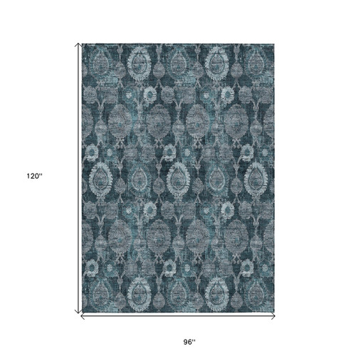 8' X 10' Teal Blue And Sky Blue Damask Washable Indoor Outdoor Area Rug
