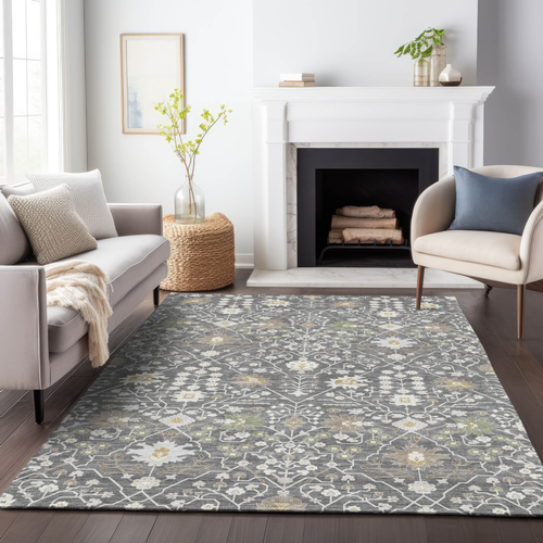 8' X 10' Charcoal Ivory And Green Oriental Washable Indoor Outdoor Area Rug