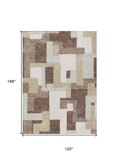 10' X 14' Brown Ivory And Taupe Geometric Washable Indoor Outdoor Area Rug