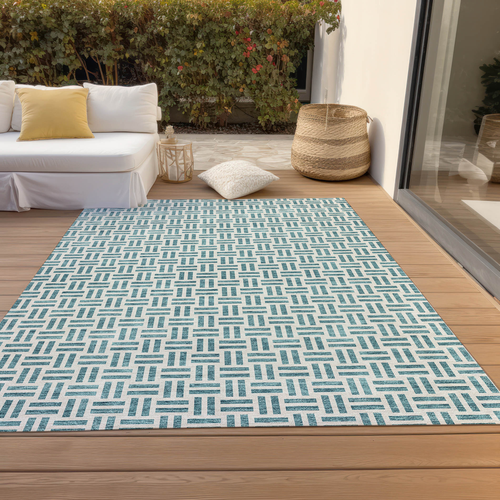 8' X 10' Teal Blue And Ivory Geometric Washable Indoor Outdoor Area Rug