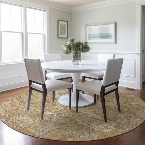 8' Khaki And Brown Round Damask Washable Indoor Outdoor Area Rug