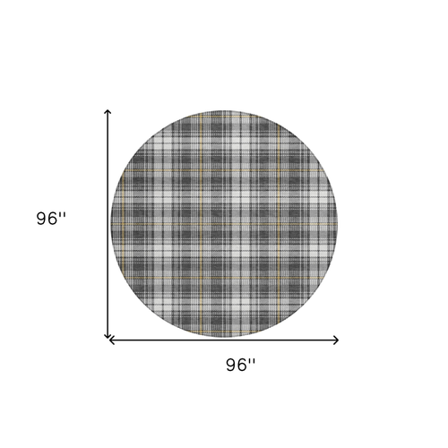 8' Charcoal Ivory And Gold Round Plaid Washable Indoor Outdoor Area Rug