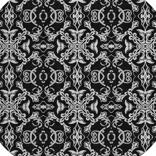 8' Ivory And Black Round Medallion Washable Indoor Outdoor Area Rug