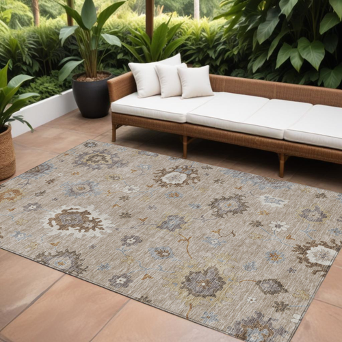 10' X 14' Taupe Silver And Gray Floral Washable Indoor Outdoor Area Rug