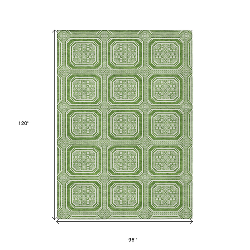 8' X 10' Green And Ivory Geometric Washable Indoor Outdoor Area Rug