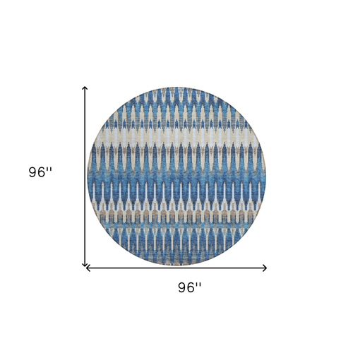 8' Navy Blue Denim Blue And Ivory Round Southwestern Washable Indoor Outdoor Area Rug
