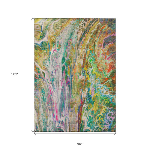 8' X 10' Green Gold And White Abstract Washable Indoor Outdoor Area Rug