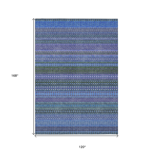 10' X 14' Blue and Green Striped Washable Non Skid Indoor Outdoor Area Rug