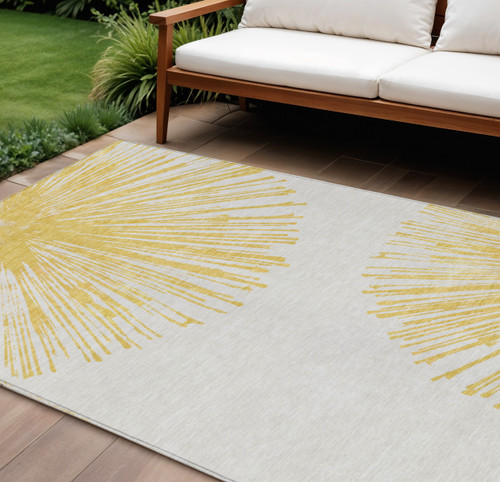 10' X 14' Gold And Ivory Abstract Washable Indoor Outdoor Area Rug