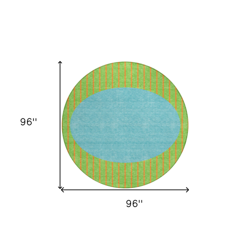 8' Lime Green And Blue Round Striped Washable Indoor Outdoor Area Rug