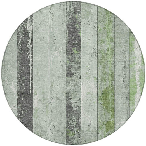 8' Artichoke Green And Gray Round Striped Washable Indoor Outdoor Area Rug