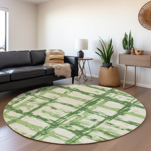 8' Artichoke Green And Emerald Round Striped Washable Indoor Outdoor Area Rug