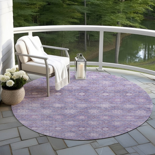 8' Purple And Ivory Round Floral Washable Indoor Outdoor Area Rug - Purple, Ivory