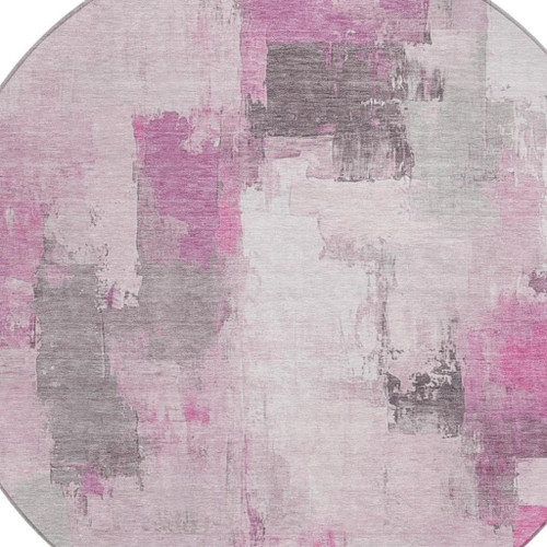 8' Pink And Silver Round Abstract Washable Indoor Outdoor Area Rug