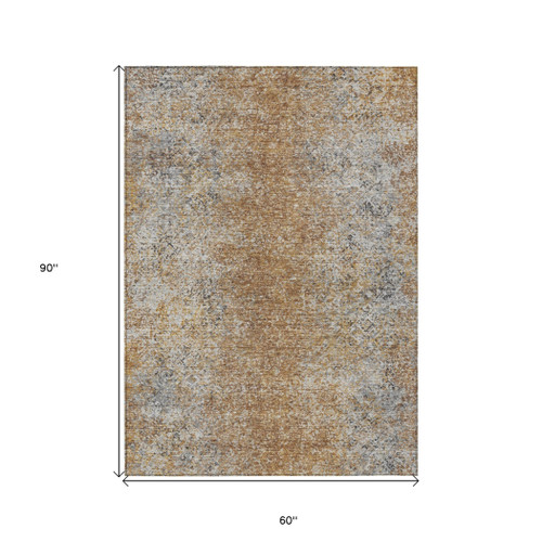 5' X 8' Terra Cotta Silver And Charcoal Oriental Washable Indoor Outdoor Area Rug