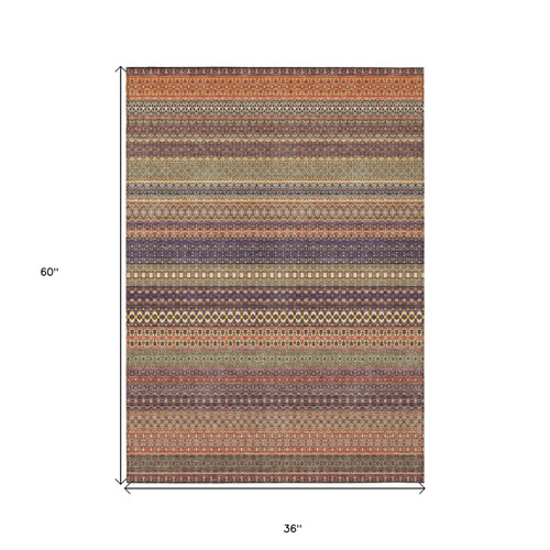 3' X 5' Orange Striped Washable Non Skid Indoor Outdoor Area Rug
