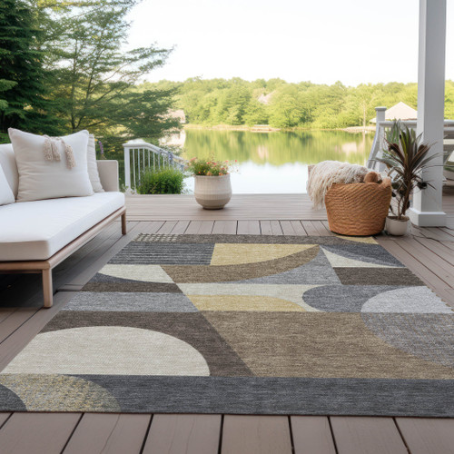 3' X 5' Brown Taupe And Wheat Geometric Washable Indoor Outdoor Area Rug