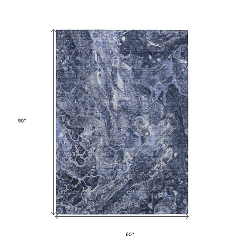 5' X 8' Navy Blue And Gray Abstract Washable Indoor Outdoor Area Rug