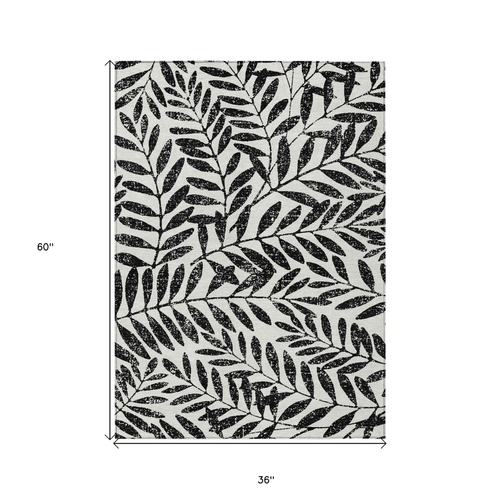 3' X 5' Black And Ivory Floral Washable Indoor Outdoor Area Rug