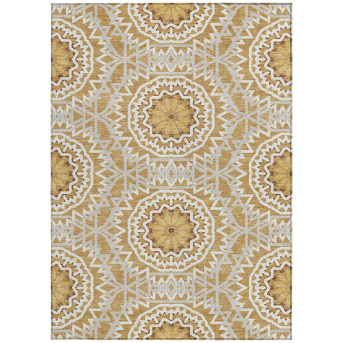 5' X 8' Gold Gray And Ivory Floral Medallion Washable Indoor Outdoor Area Rug