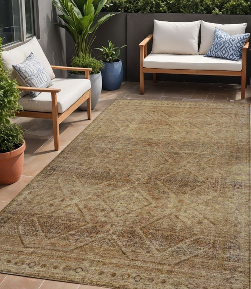 5' X 8' Khaki And Beige Geometric Washable Indoor Outdoor Area Rug - Khaki, Beige