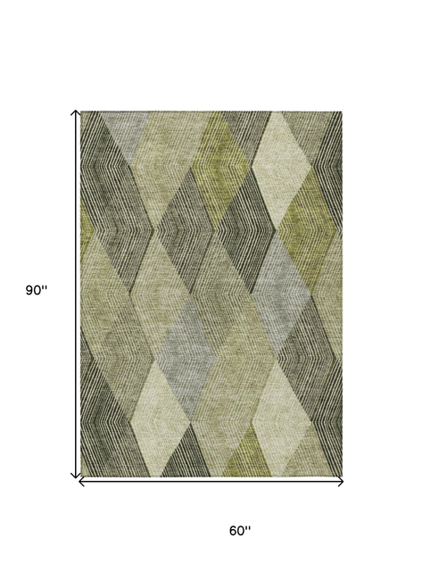 5' X 8' Olive Green Gray And Ivory Argyle Washable Indoor Outdoor Area Rug