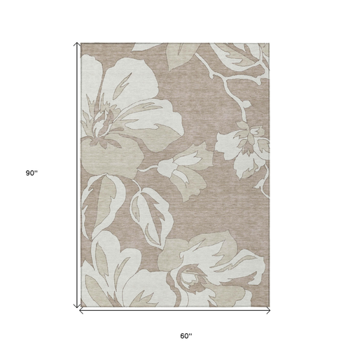 5' X 8' Taupe Beige And Ivory Floral Washable Indoor Outdoor Area Rug
