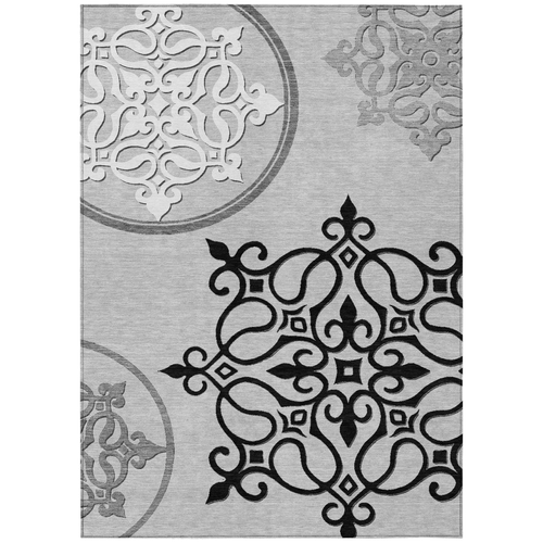 5' X 8' Gray Black And White Floral Medallion Washable Indoor Outdoor Area Rug