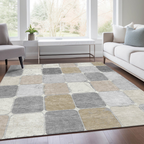 3' X 5' Beige And Gray Geometric Washable Indoor Outdoor Area Rug - Beige, Gray