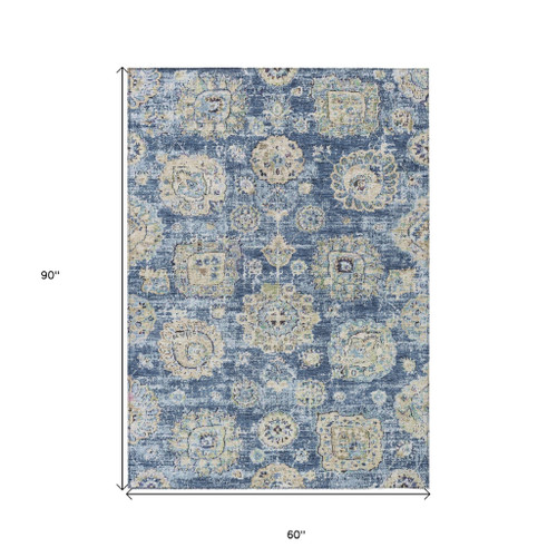 5' X 8' Navy Blue And Beige Floral Washable Indoor Outdoor Area Rug