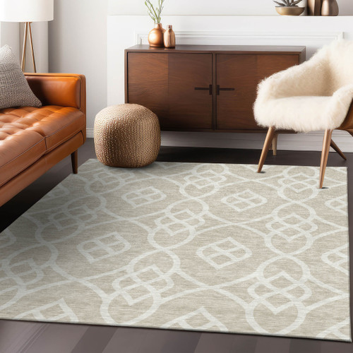 3' X 5' Beige And Ivory Trellis Washable Indoor Outdoor Area Rug