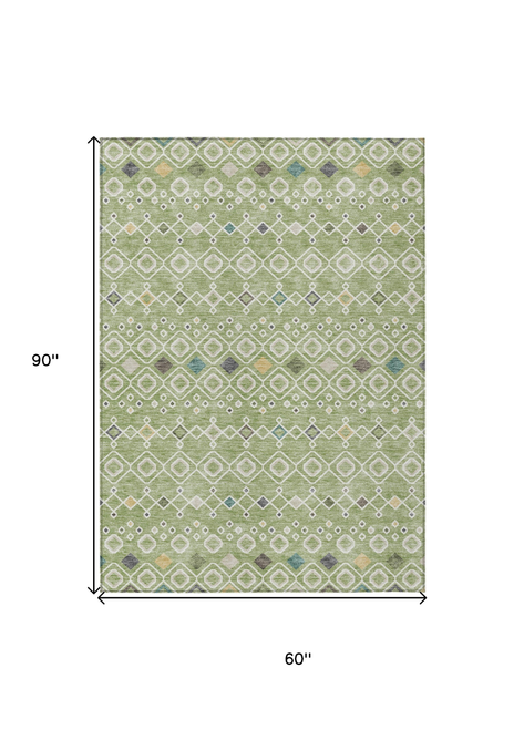 5' X 8' Sage Ivory And Teal Blue Geometric Washable Indoor Outdoor Area Rug