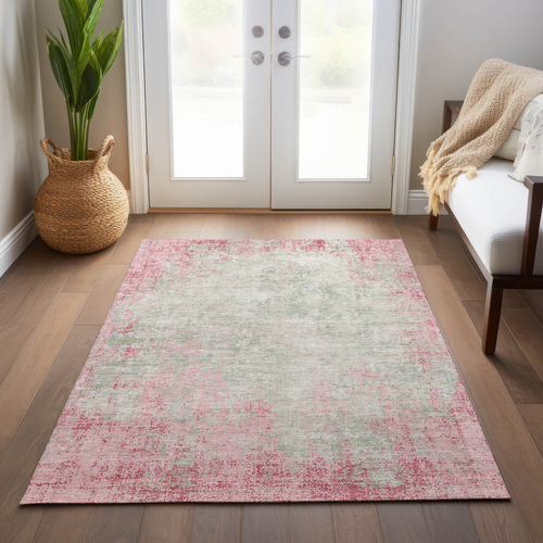 5' X 8' Pink And Ivory Abstract Washable Indoor Outdoor Area Rug