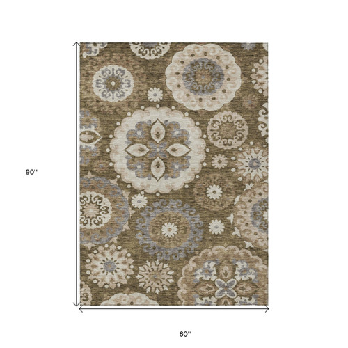 5' X 8' Brown Ivory And Beige Floral Medallion Washable Indoor Outdoor Area Rug