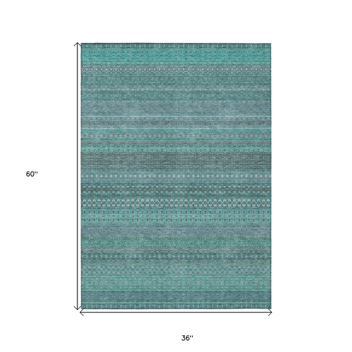 3' X 5' Turquoise Striped Washable Non Skid Indoor Outdoor Area Rug